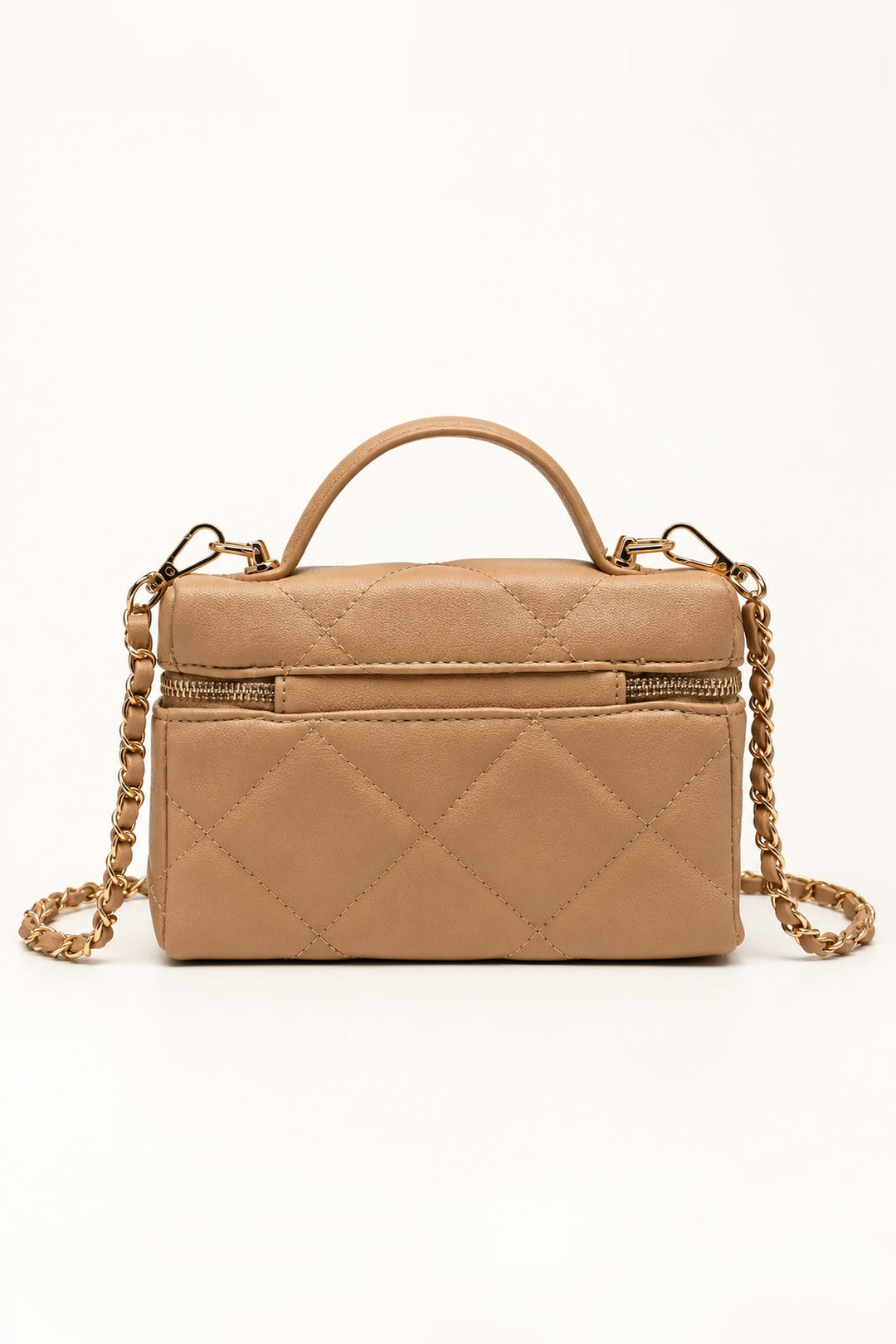 Back view of the natural tan diamond-quilted vegan leather crossbody bag