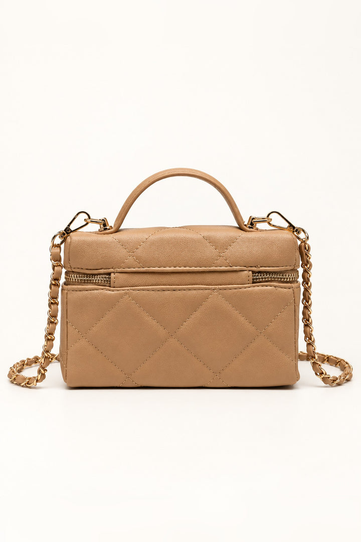 Back view of the natural tan diamond-quilted vegan leather crossbody bag