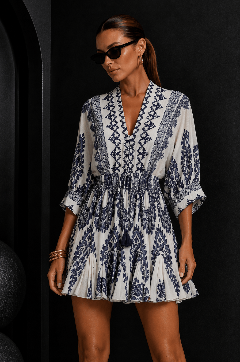Navy Blue & White Tie Front Border Printed Mini Dress - STYLED BY ALX COUTUREDresses