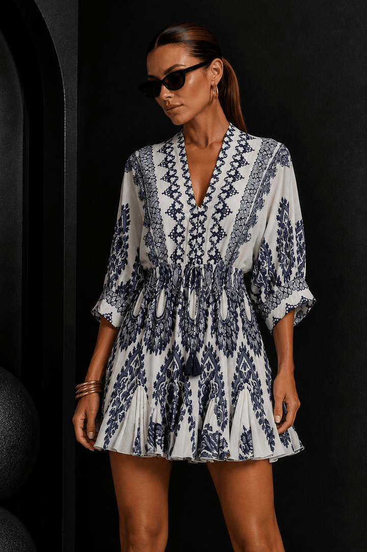 Navy Blue & White Tie Front Border Printed Mini Dress - STYLED BY ALX COUTUREDresses