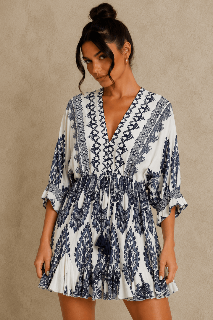 Navy Blue & White Tie Front Border Printed Mini Dress - STYLED BY ALX COUTUREDresses