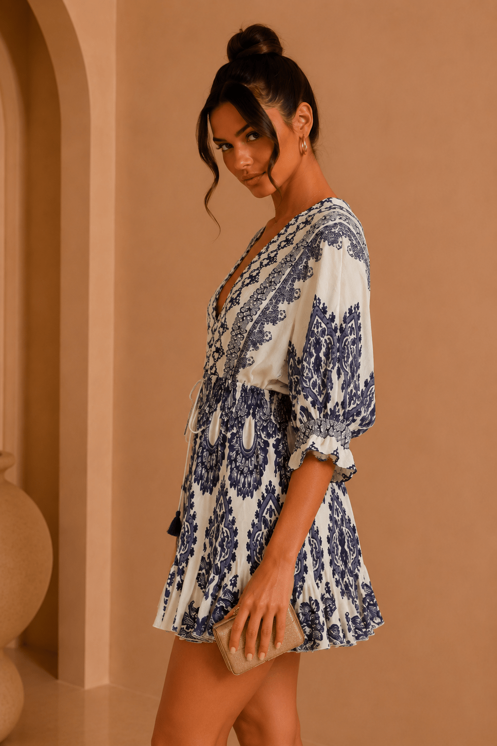 Navy Blue & White Tie Front Border Printed Mini Dress - STYLED BY ALX COUTUREDresses