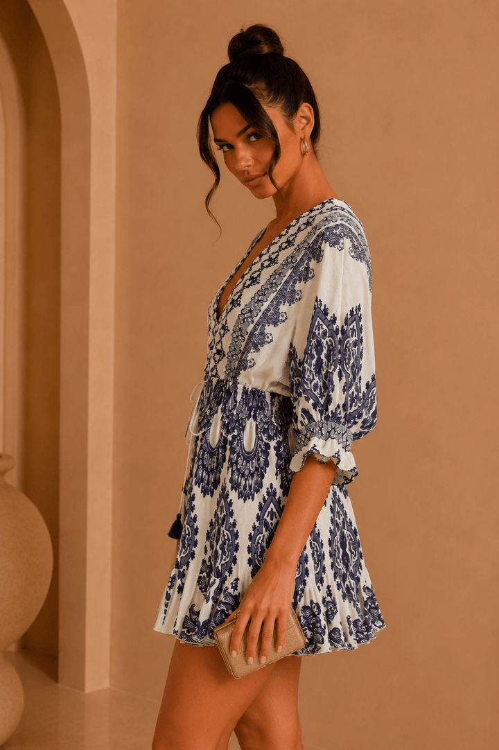 Navy Blue & White Tie Front Border Printed Mini Dress - STYLED BY ALX COUTUREDresses