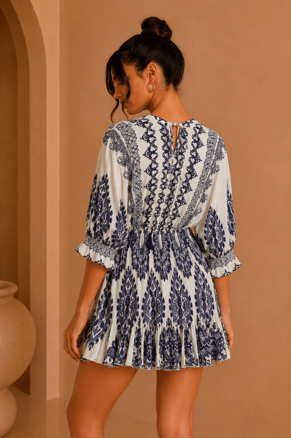 Navy Blue & White Tie Front Border Printed Mini Dress - STYLED BY ALX COUTUREDresses