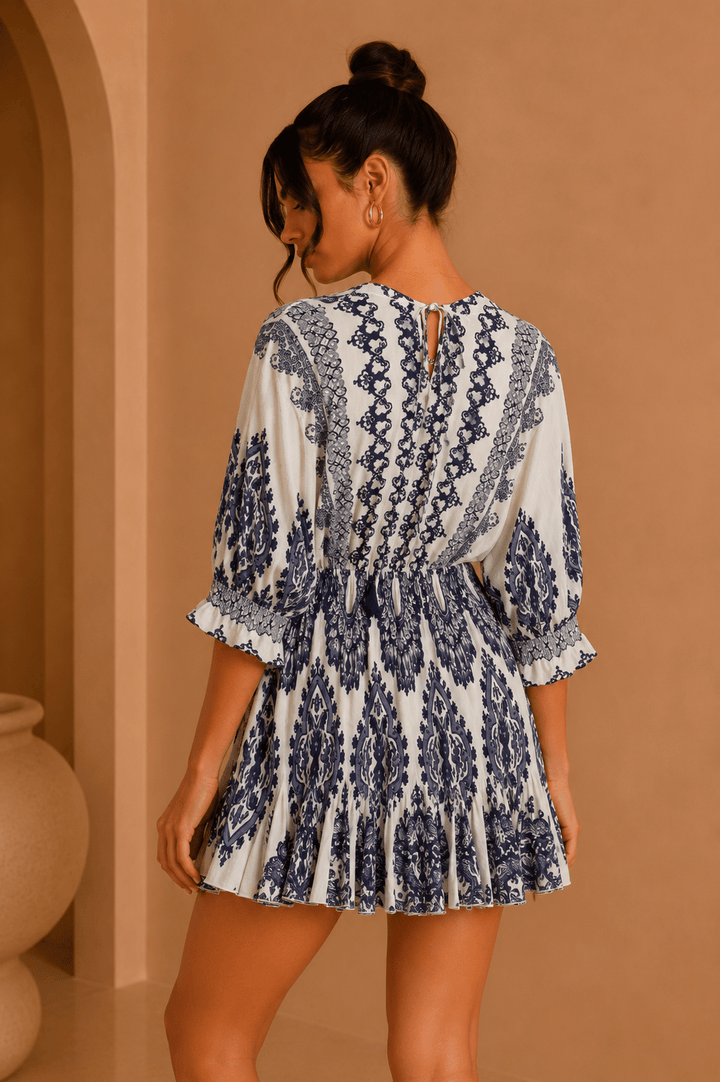 Navy Blue & White Tie Front Border Printed Mini Dress - STYLED BY ALX COUTUREDresses