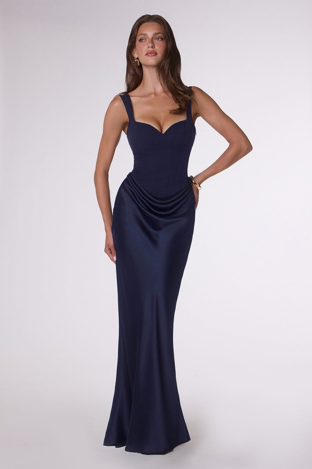 Navy Ora Corset Back Draped Satin Gown - STYLED BY ALX COUTUREDresses