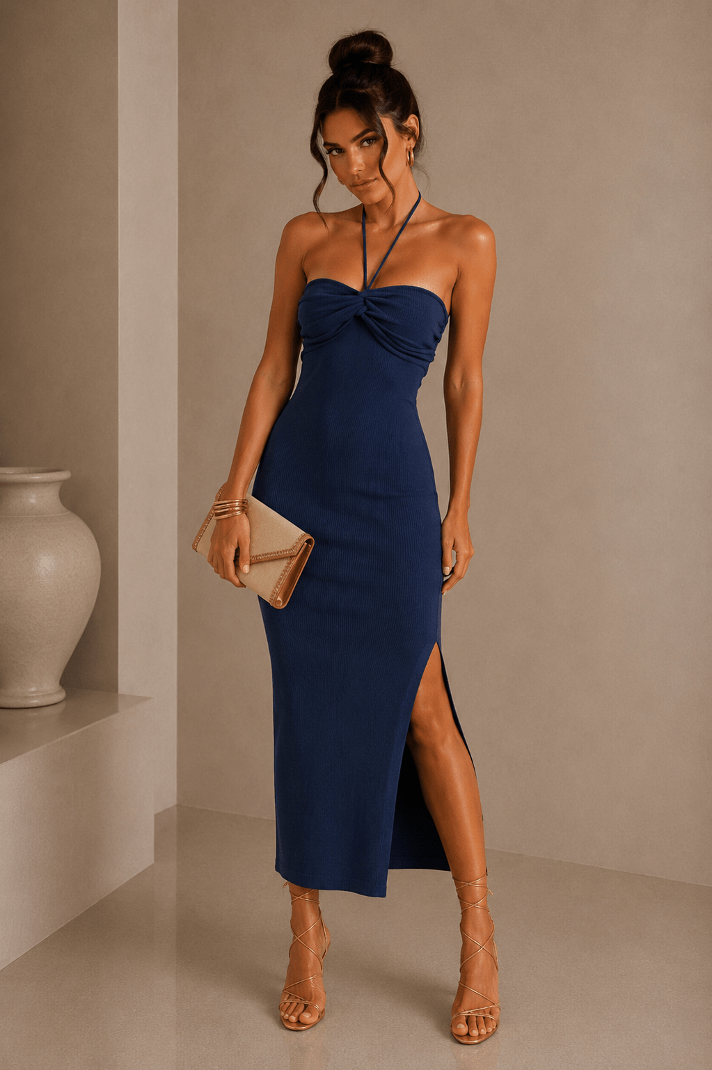 Navy Ruched Halter Neck Knit Midi Dress - STYLED BY ALX COUTUREDresses