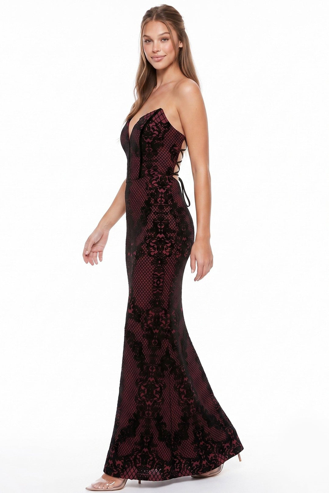Nude Patterned Velvet Flocking Lace Up Mermaid Maxi Dress - STYLED BY ALX COUTUREDresses