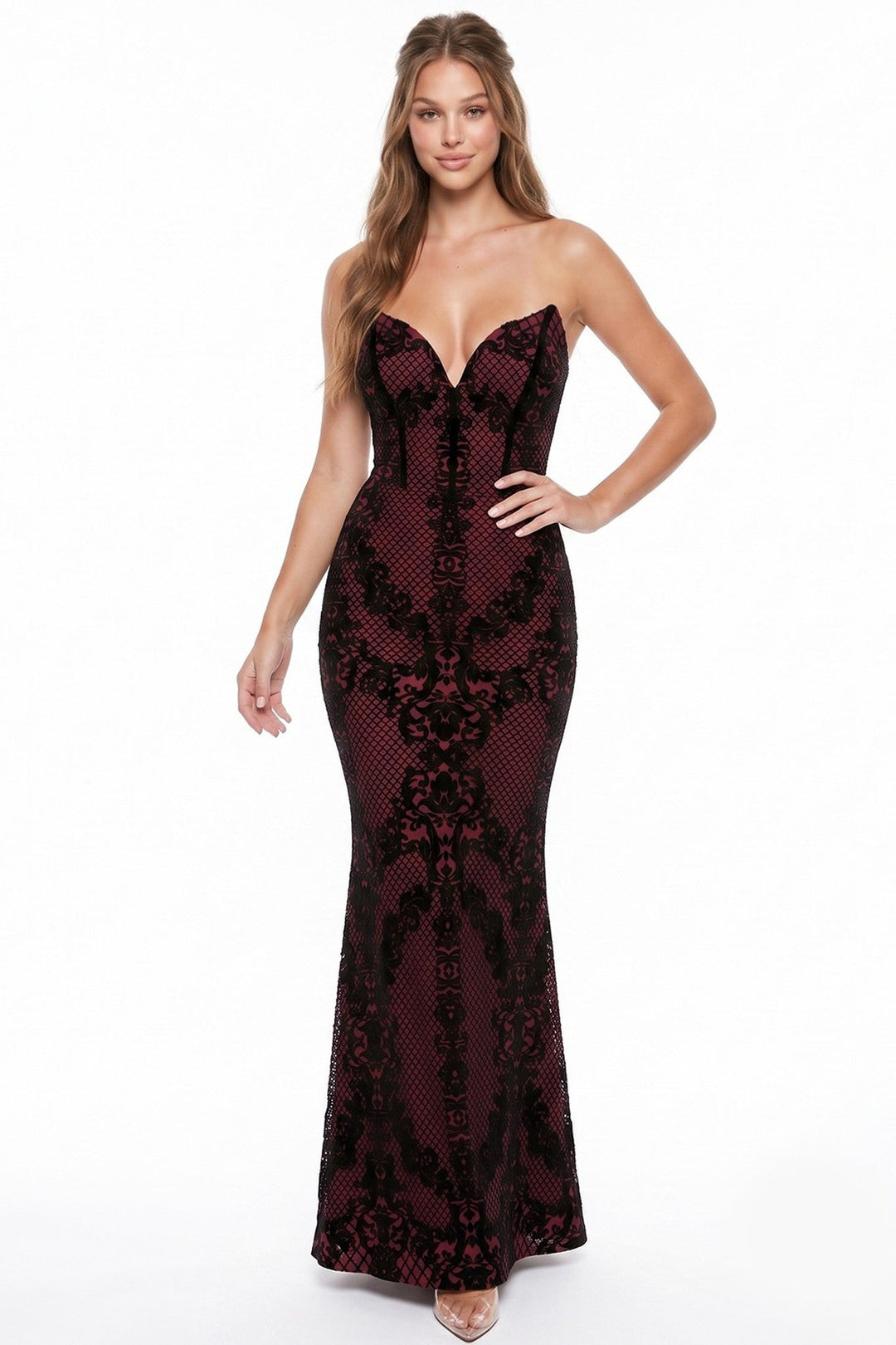 Nude Patterned Velvet Flocking Lace Up Mermaid Maxi Dress - STYLED BY ALX COUTUREDresses