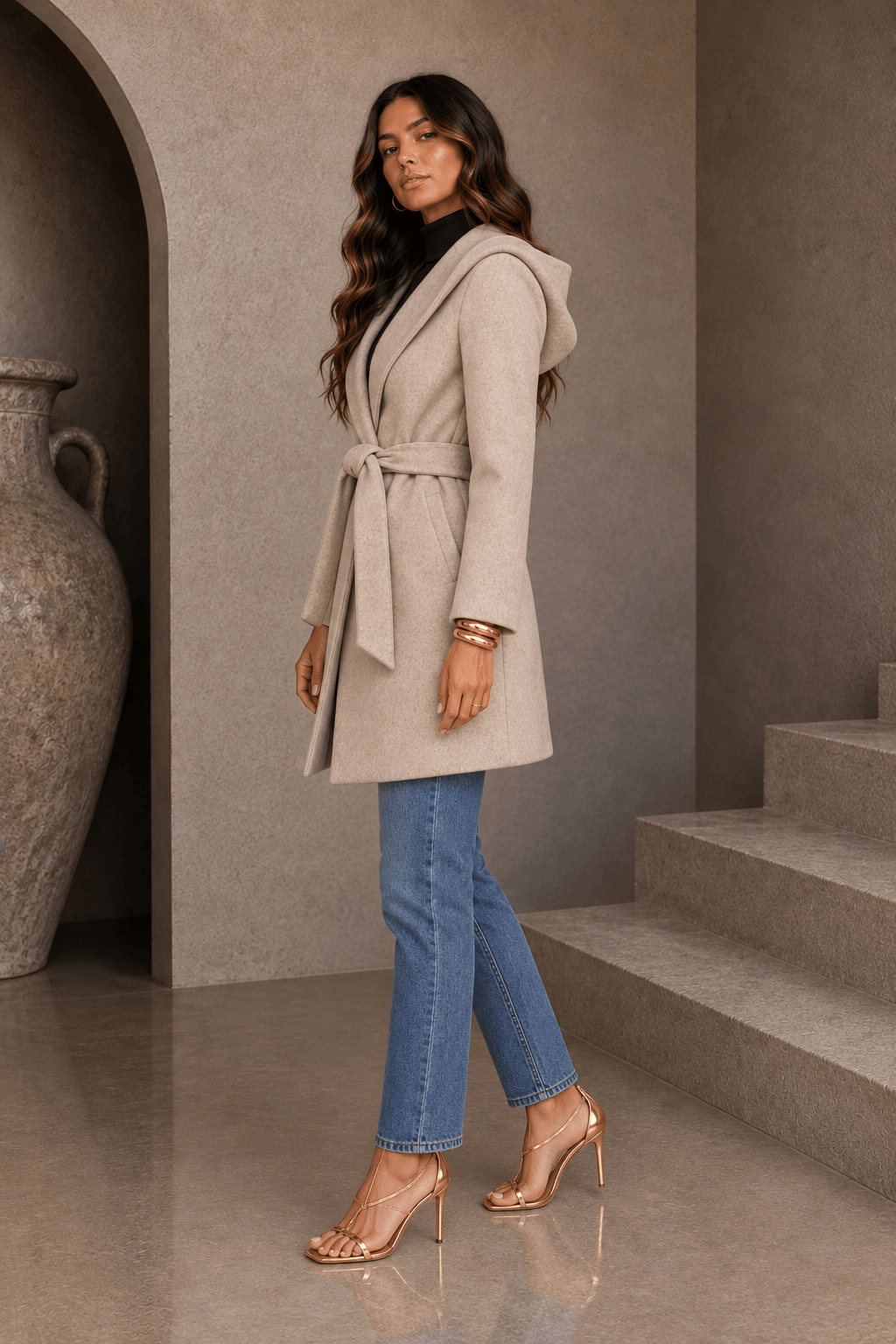 Oatmeal Beige Belted Hoodie Coat - STYLED BY ALX COUTURECoats &amp; Jackets