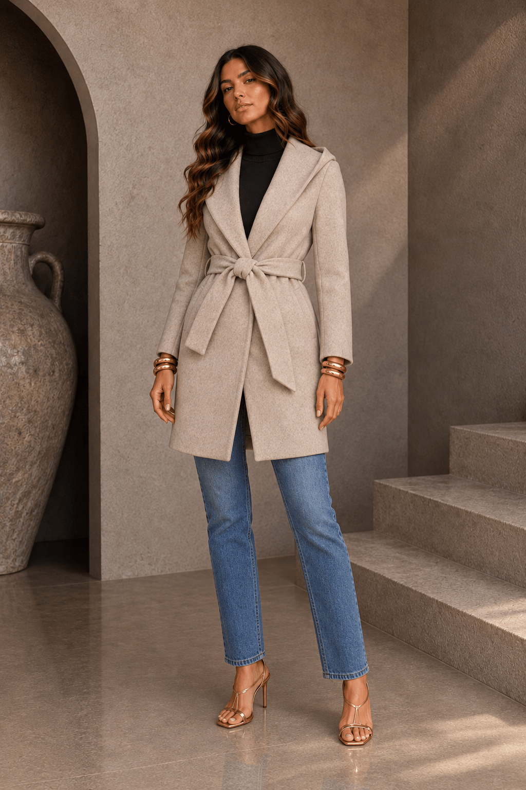 Oatmeal Beige Belted Hoodie Coat - STYLED BY ALX COUTURECoats &amp; Jackets