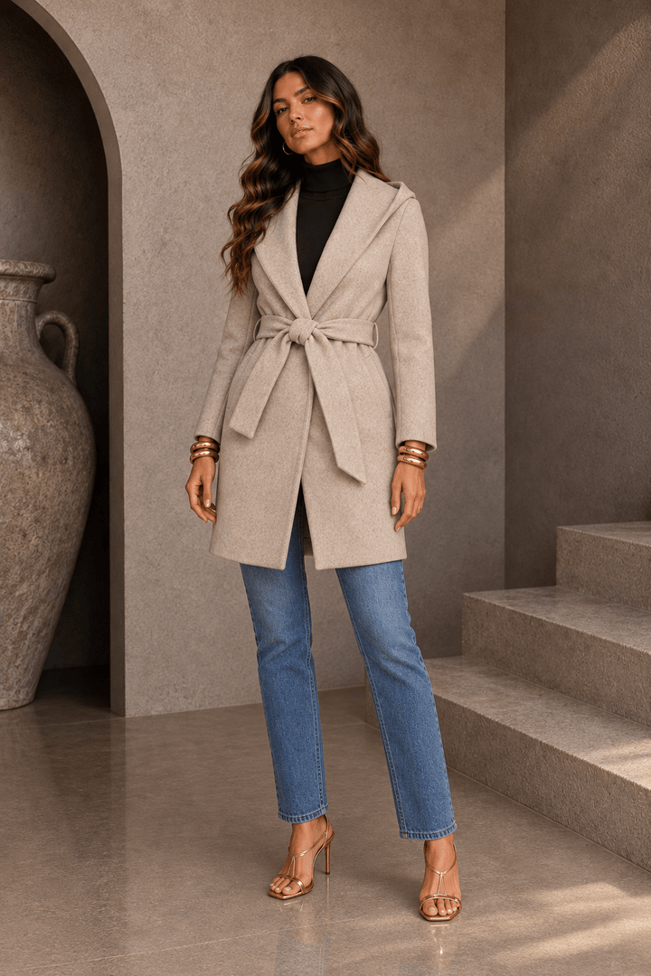Oatmeal Beige Belted Hoodie Coat - STYLED BY ALX COUTURECoats &amp; Jackets