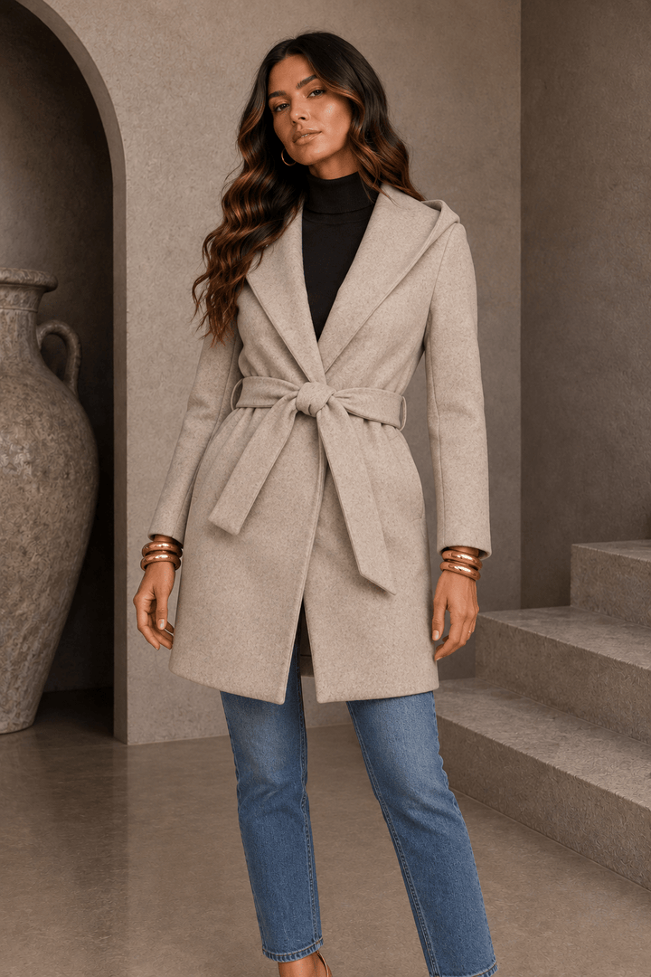Oatmeal Beige Belted Hoodie Coat - STYLED BY ALX COUTURECoats &amp; Jackets