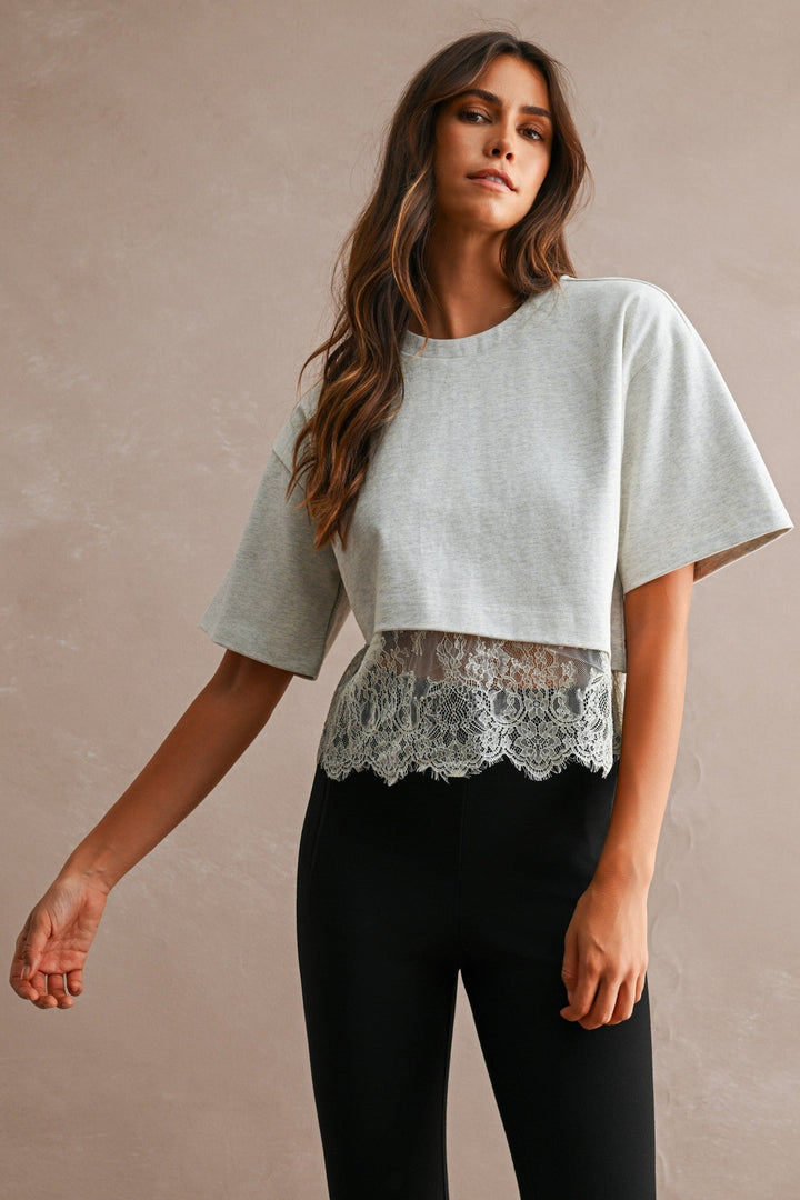 Off White Cotton Contrast Lace Trim Short Sleeve Cropped T-Shirt - STYLED BY ALX COUTURETops