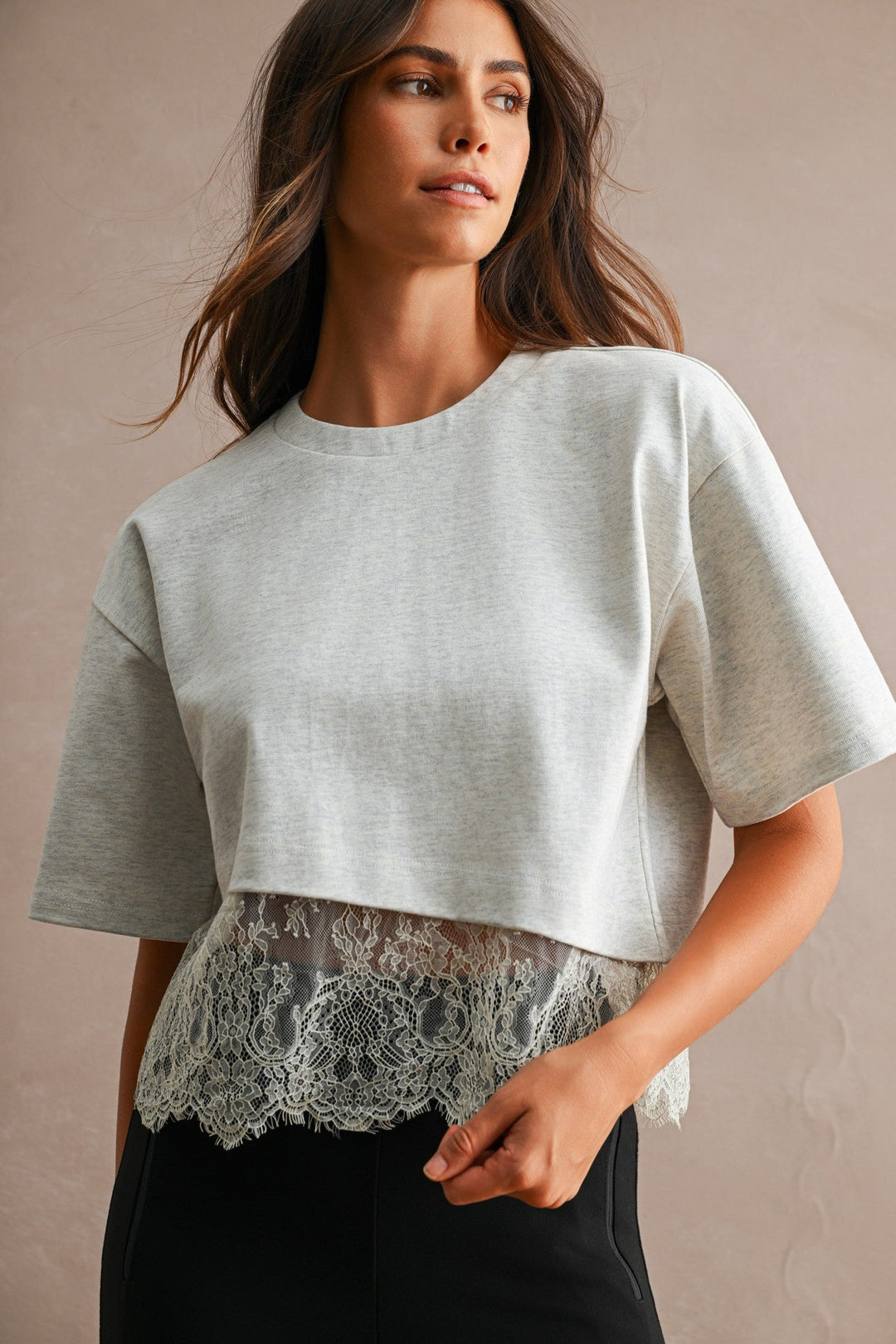Off White Cotton Contrast Lace Trim Short Sleeve Cropped T-Shirt - STYLED BY ALX COUTURETops