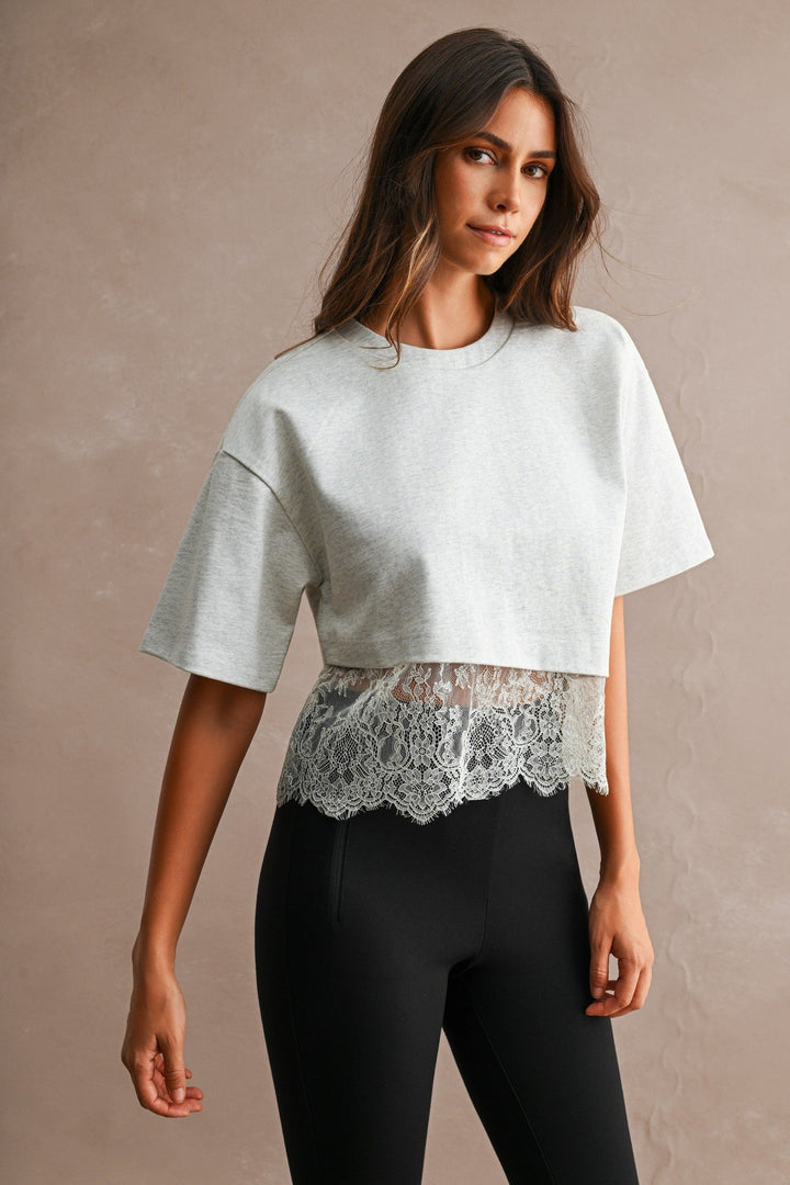 Off White Cotton Contrast Lace Trim Short Sleeve Cropped T-Shirt - STYLED BY ALX COUTURETops