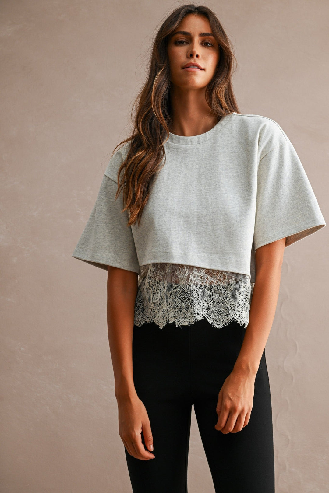 Off White Cotton Contrast Lace Trim Short Sleeve Cropped T-Shirt - STYLED BY ALX COUTURETops