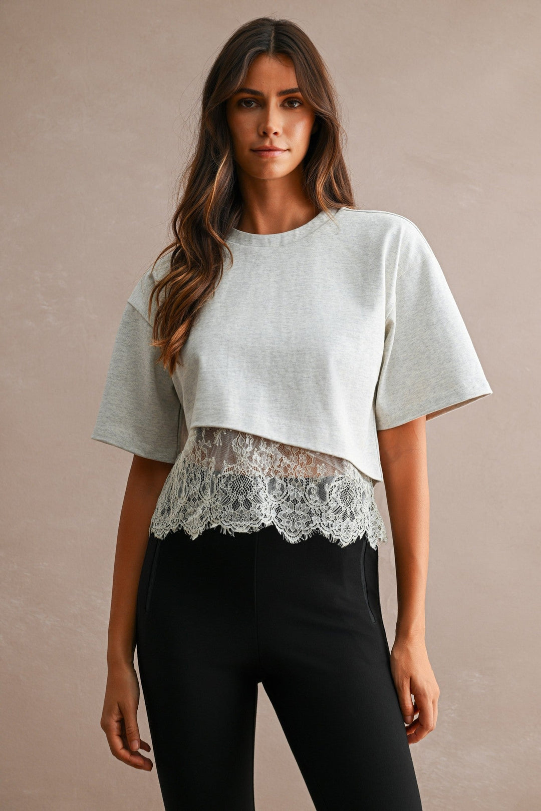 Off White Cotton Contrast Lace Trim Short Sleeve Cropped T-Shirt - STYLED BY ALX COUTURETops