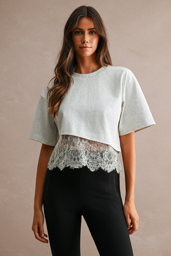 Off White Cotton Contrast Lace Trim Short Sleeve Cropped T-Shirt - STYLED BY ALX COUTURETops