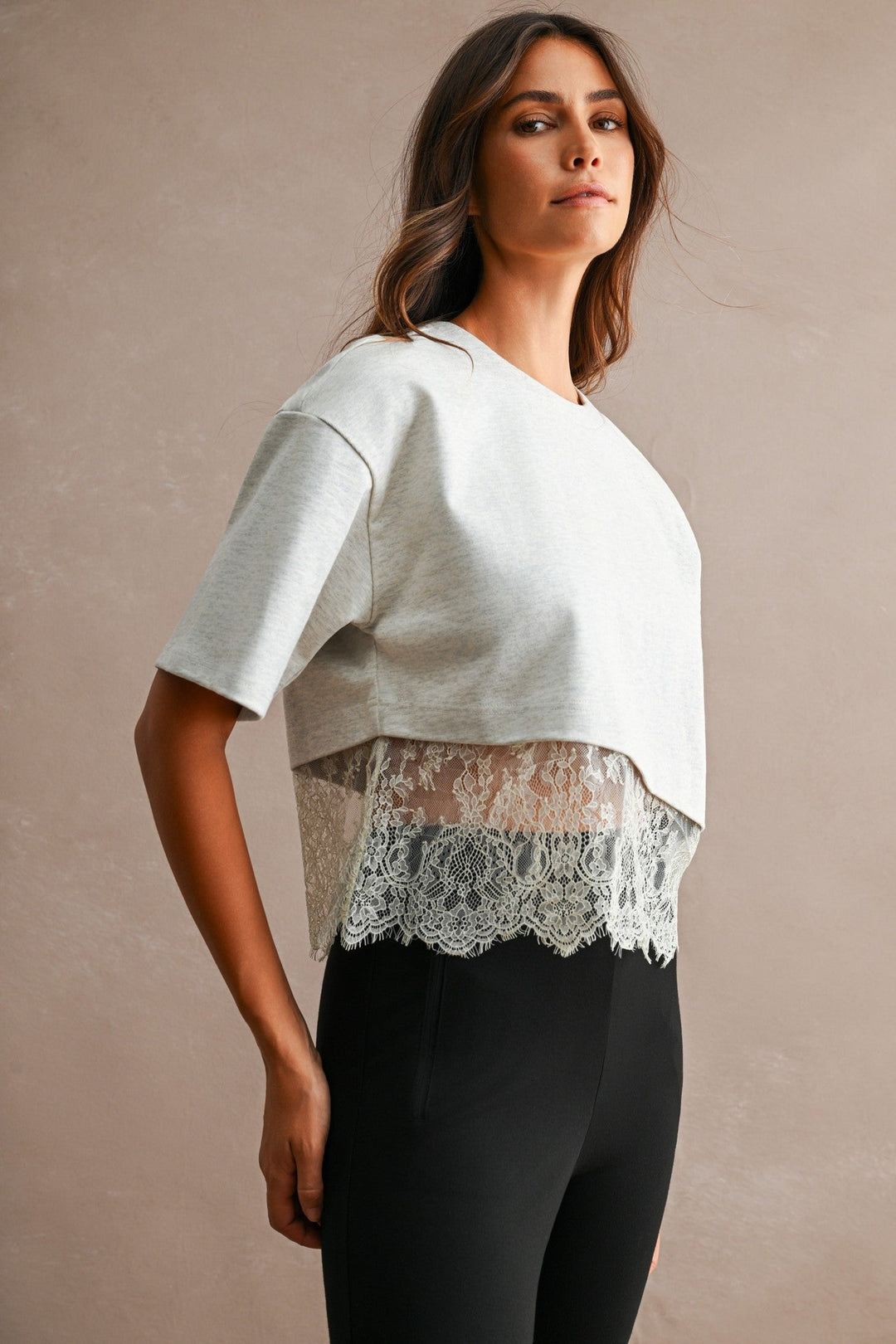 Off White Cotton Contrast Lace Trim Short Sleeve Cropped T-Shirt - STYLED BY ALX COUTURETops