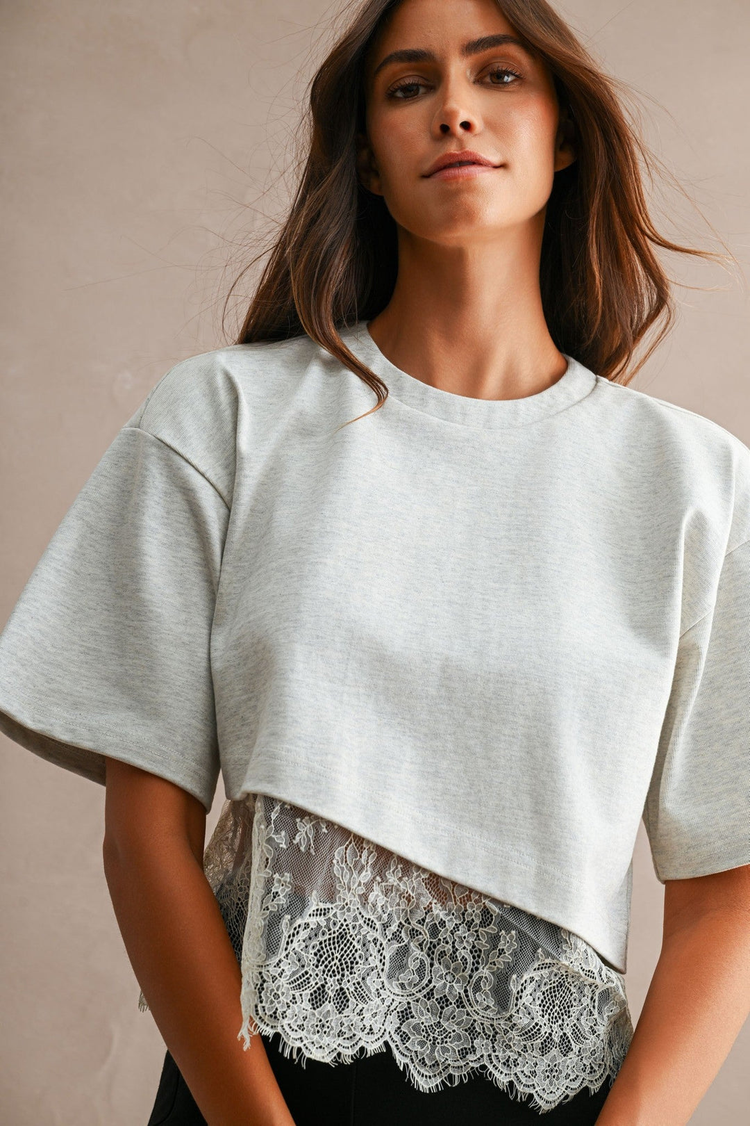 Off White Cotton Contrast Lace Trim Short Sleeve Cropped T-Shirt - STYLED BY ALX COUTURETops