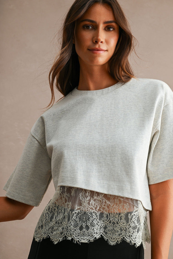 Off White Cotton Contrast Lace Trim Short Sleeve Cropped T-Shirt - STYLED BY ALX COUTURETops
