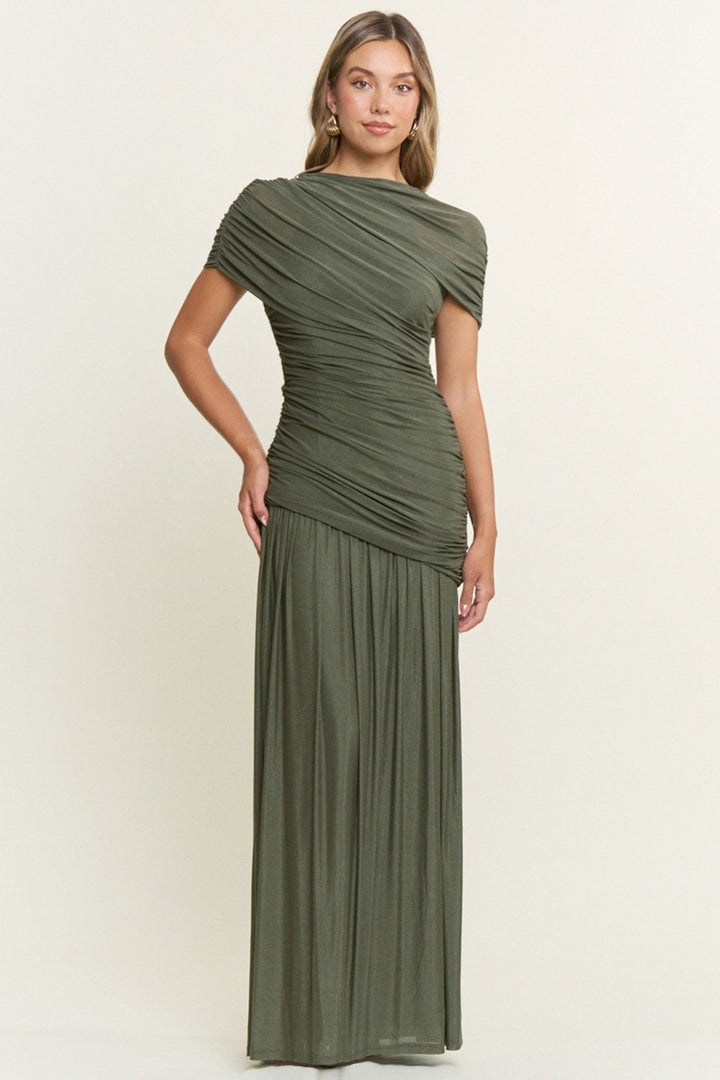 Olive green ruched mesh maxi dress with asymmetrical one shoulder neckline, front view
