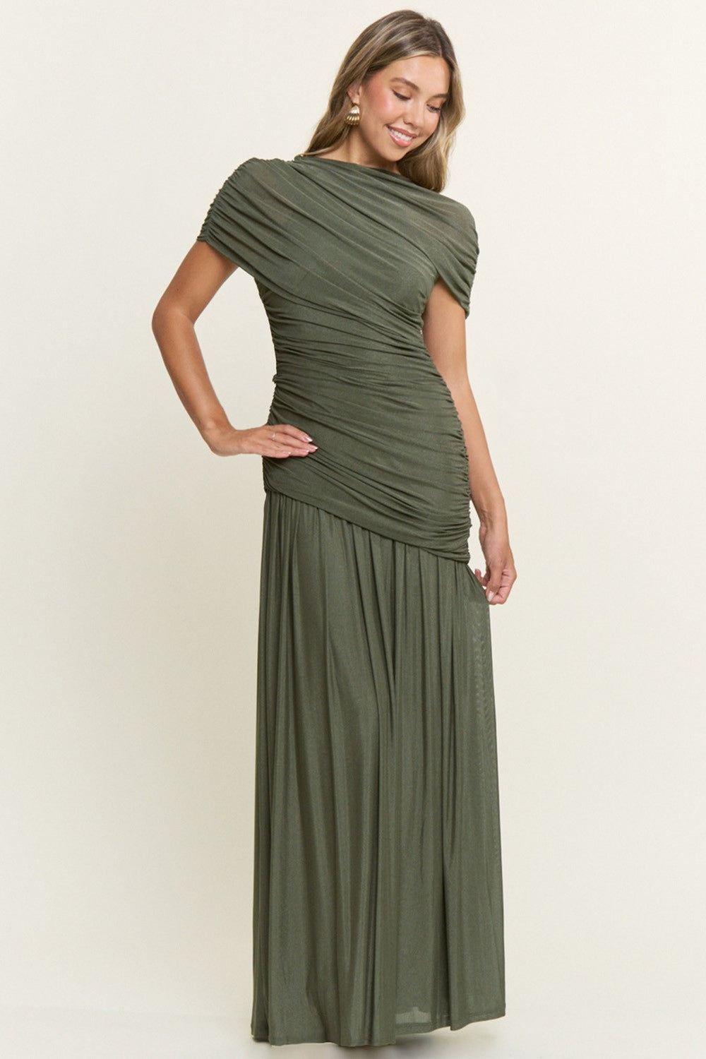 Olive asymmetrical mesh maxi dress, hand on hip, front view