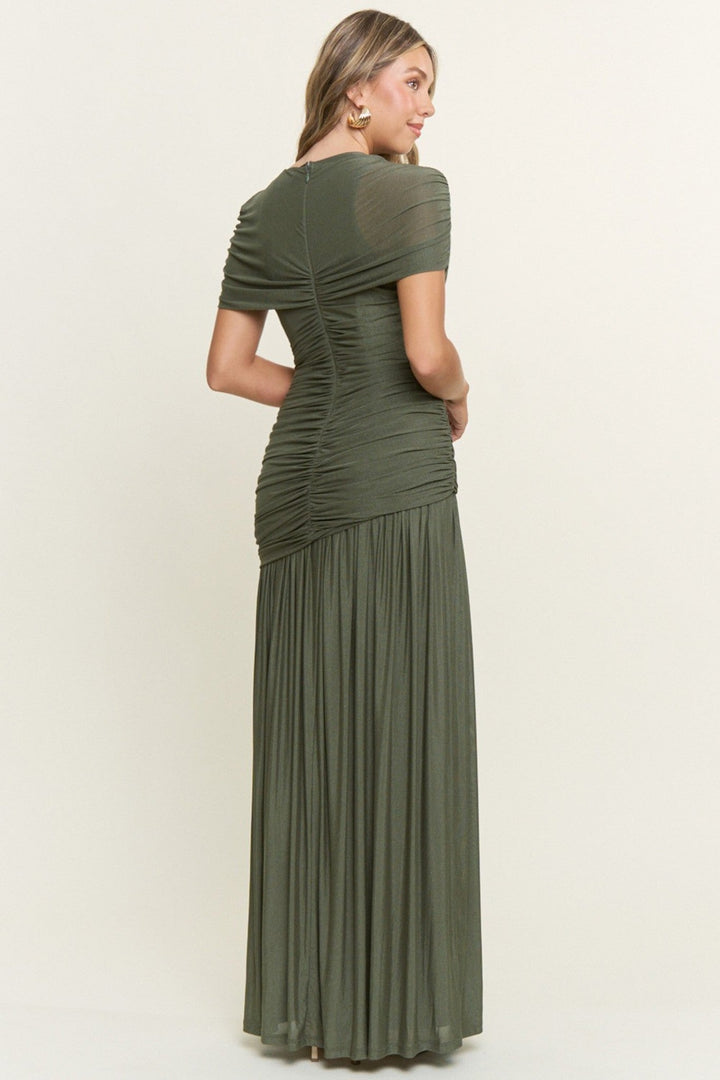 Olive Asymmetrical Ruched Mesh Maxi Dress - STYLED BY ALX COUTUREDresses