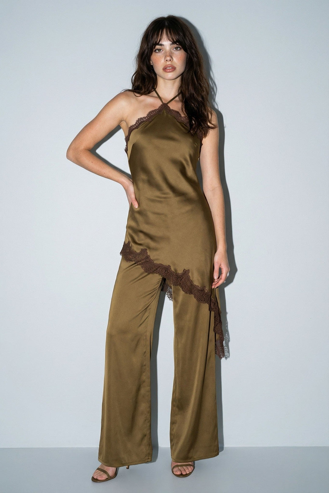 Olive Combo Contrast Lace Trim Satin Halter Jumpsuit - STYLED BY ALX COUTUREJumpsuits