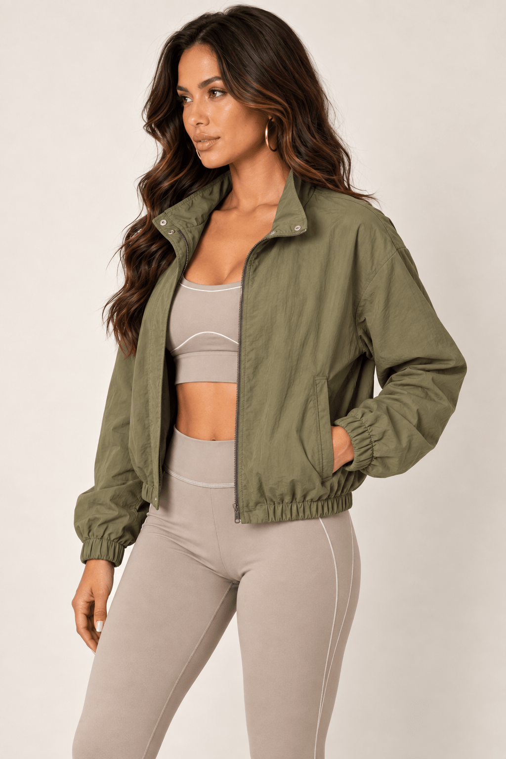 Olive Cropped Nylon Windbreaker Jacket - STYLED BY ALX COUTURECoats &amp; Jackets