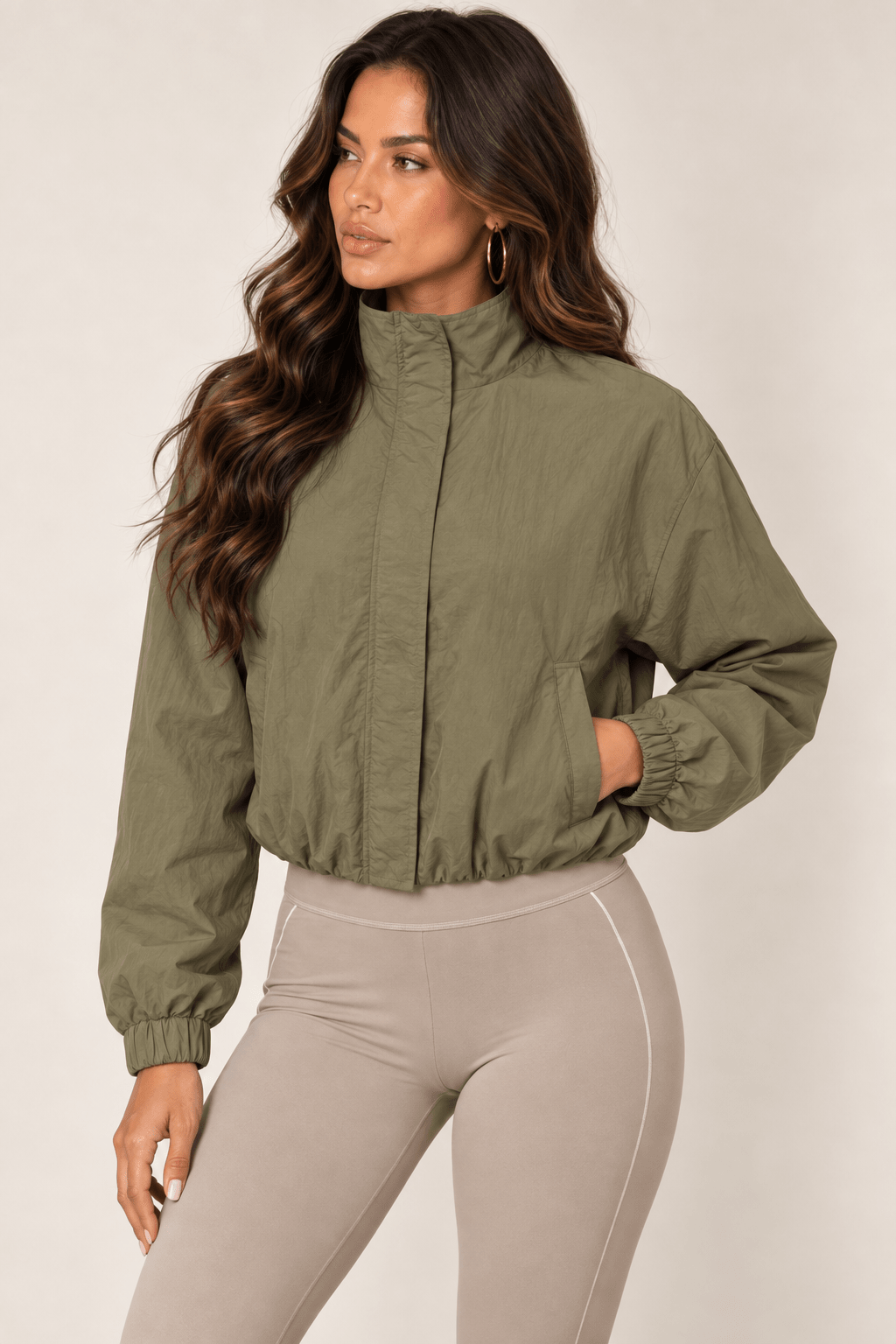 Olive Cropped Nylon Windbreaker Jacket - STYLED BY ALX COUTURECoats &amp; Jackets