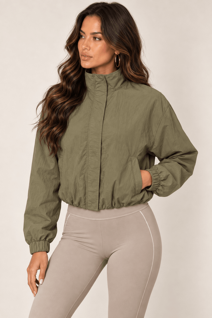 Olive Cropped Nylon Windbreaker Jacket - STYLED BY ALX COUTURECoats &amp; Jackets
