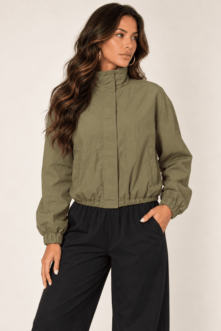 Olive Cropped Nylon Windbreaker Jacket - STYLED BY ALX COUTURECoats &amp; Jackets