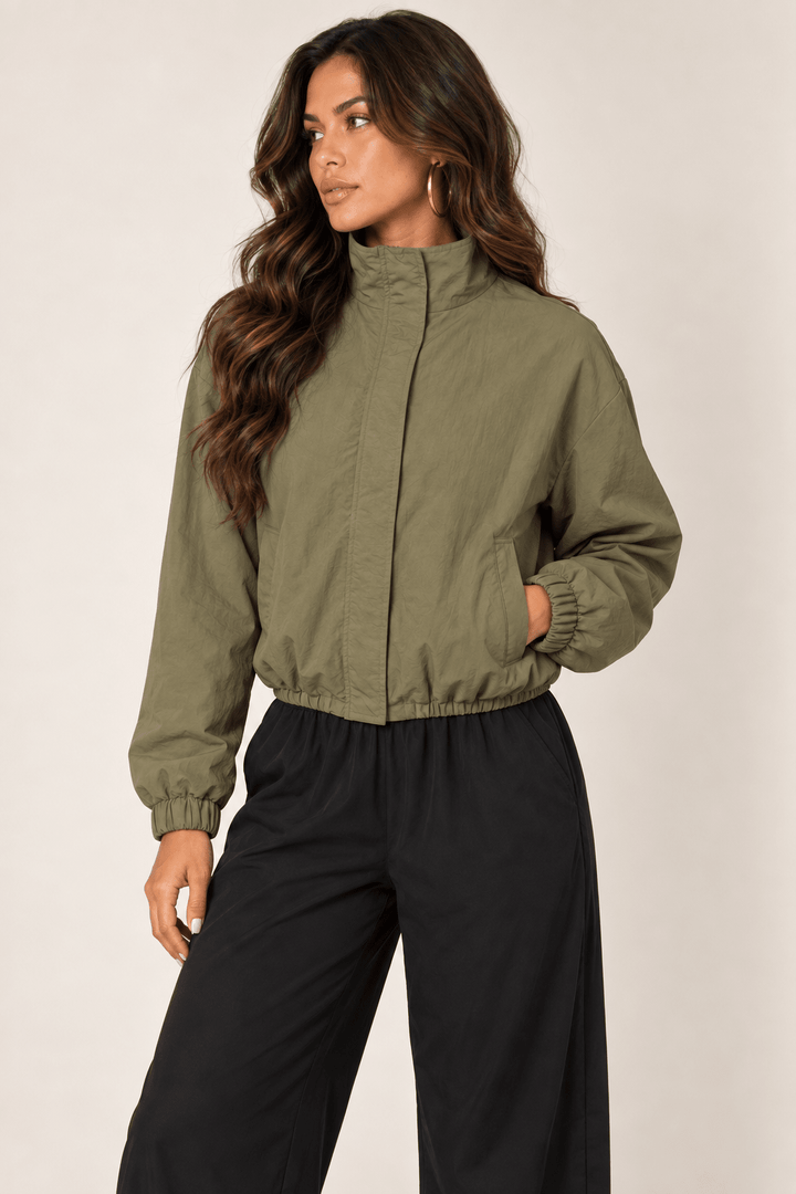 Olive Cropped Nylon Windbreaker Jacket - STYLED BY ALX COUTURECoats &amp; Jackets