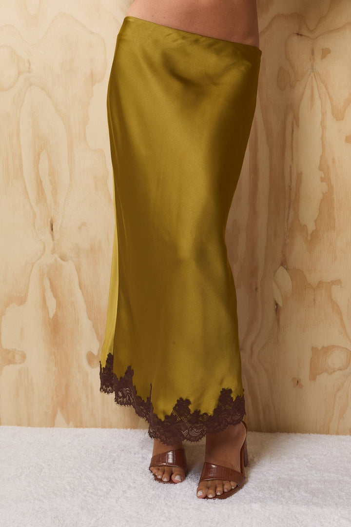 Olive Dark Brown Low Rise Lace Trim Satin Maxi Skirt - STYLED BY ALX COUTURESkirts