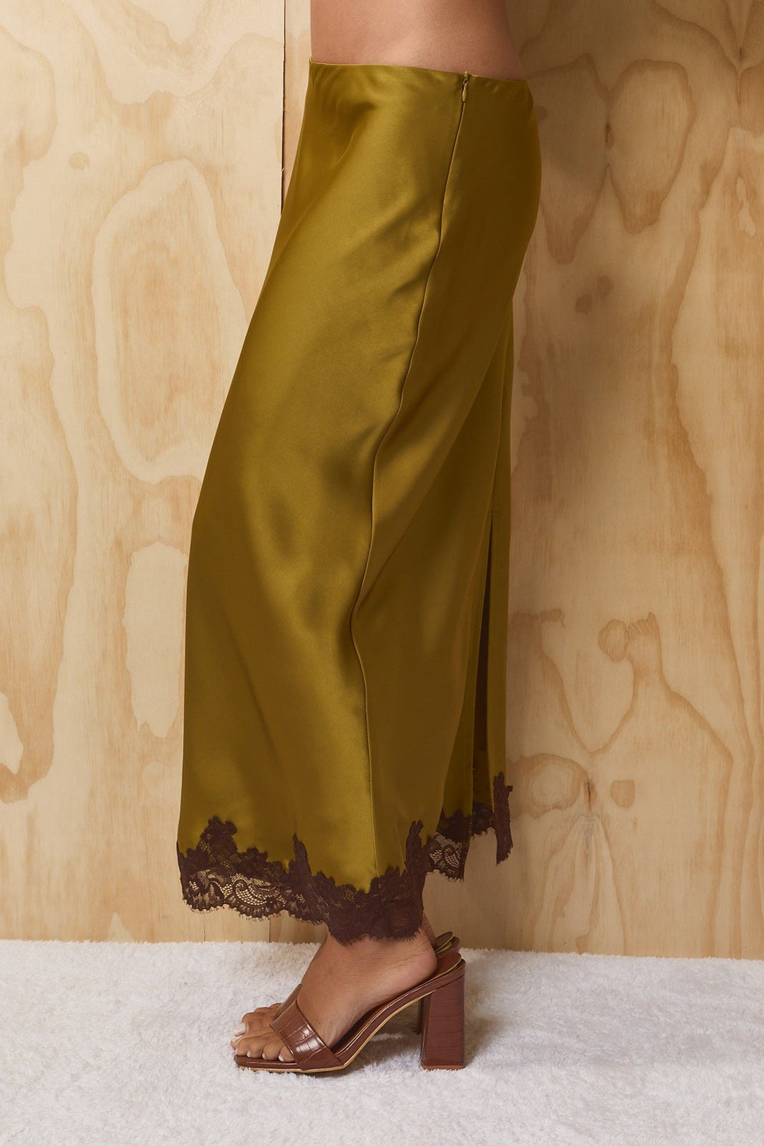 Olive Dark Brown Low Rise Lace Trim Satin Maxi Skirt - STYLED BY ALX COUTURESkirts