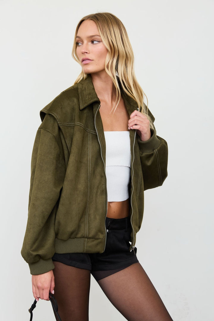 Olive Faux Leather Collared Zip-up Boxy Bomber Jacket - STYLED BY ALX COUTUREBlazer &amp; Jackets