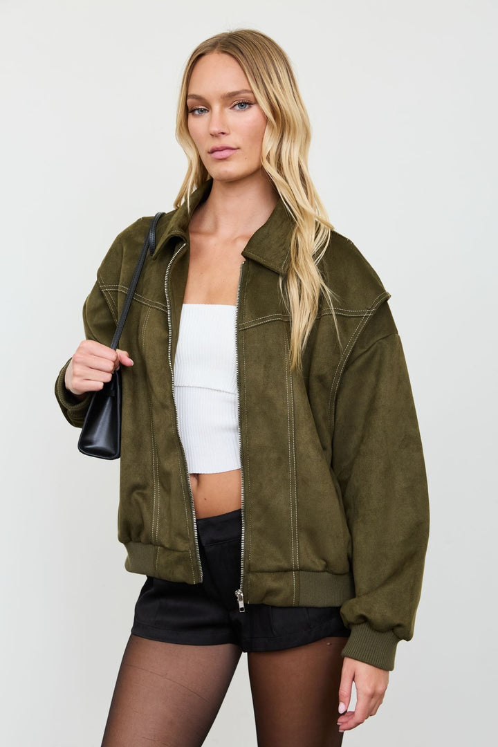 Olive Faux Leather Collared Zip-up Boxy Bomber Jacket - STYLED BY ALX COUTUREBlazer &amp; Jackets