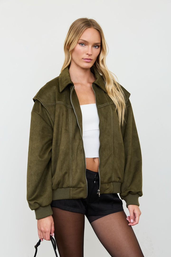 Olive Faux Leather Collared Zip-up Boxy Bomber Jacket - STYLED BY ALX COUTUREBlazer &amp; Jackets