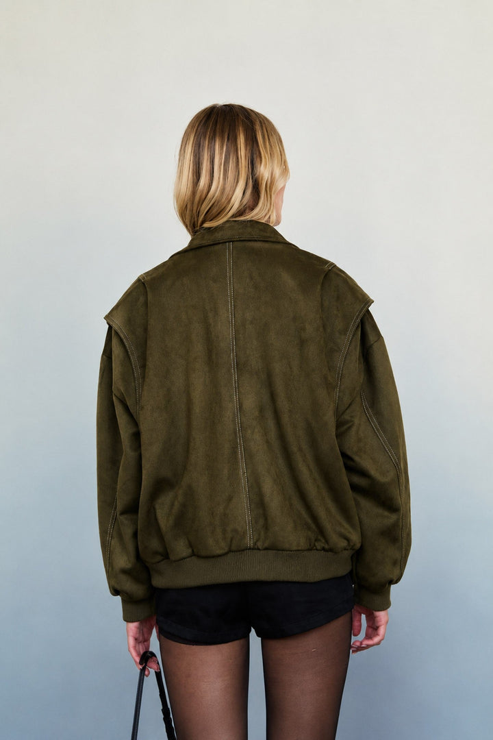 Olive Faux Leather Collared Zip-up Boxy Bomber Jacket - STYLED BY ALX COUTUREBlazer &amp; Jackets