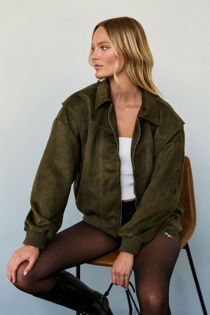 Olive Faux Leather Collared Zip-up Boxy Bomber Jacket - STYLED BY ALX COUTUREBlazer &amp; Jackets