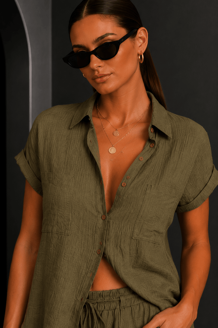 Olive Green Fold Sleeve Button Down Top - STYLED BY ALX COUTURETOPS