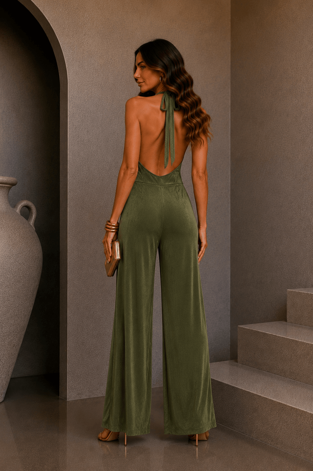 Halter drawstring tie-neck with resin bead detail on an olive green jumpsuit