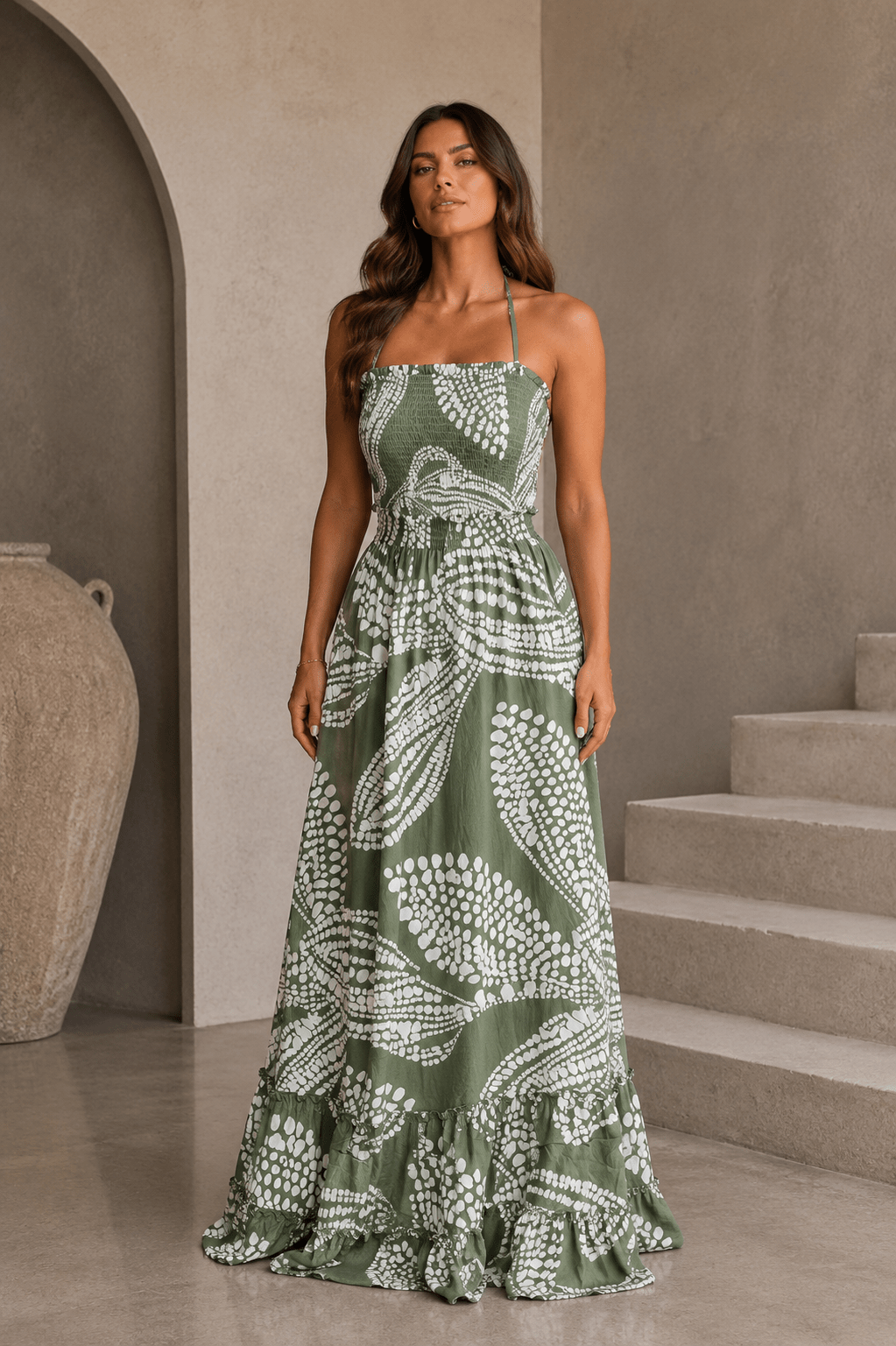 Olive Green & White 3 Strap Back Dress - STYLED BY ALX COUTUREDresses