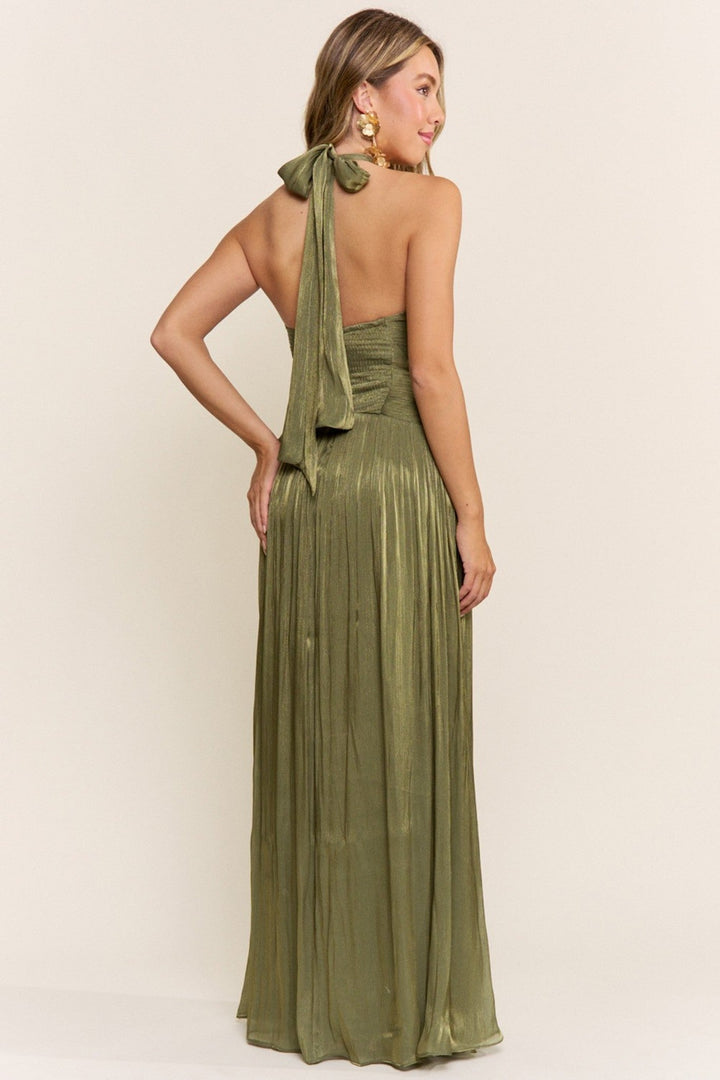 Olive Halter Neck Pleated A-Line Slit Maxi Dress - STYLED BY ALX COUTUREDresses