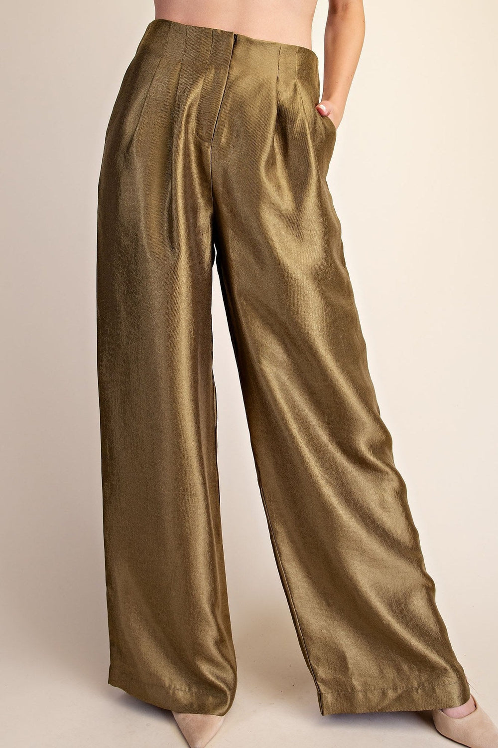 Olive Metallic High Waist Pleated Wide Leg Pants - STYLED BY ALX COUTUREPants