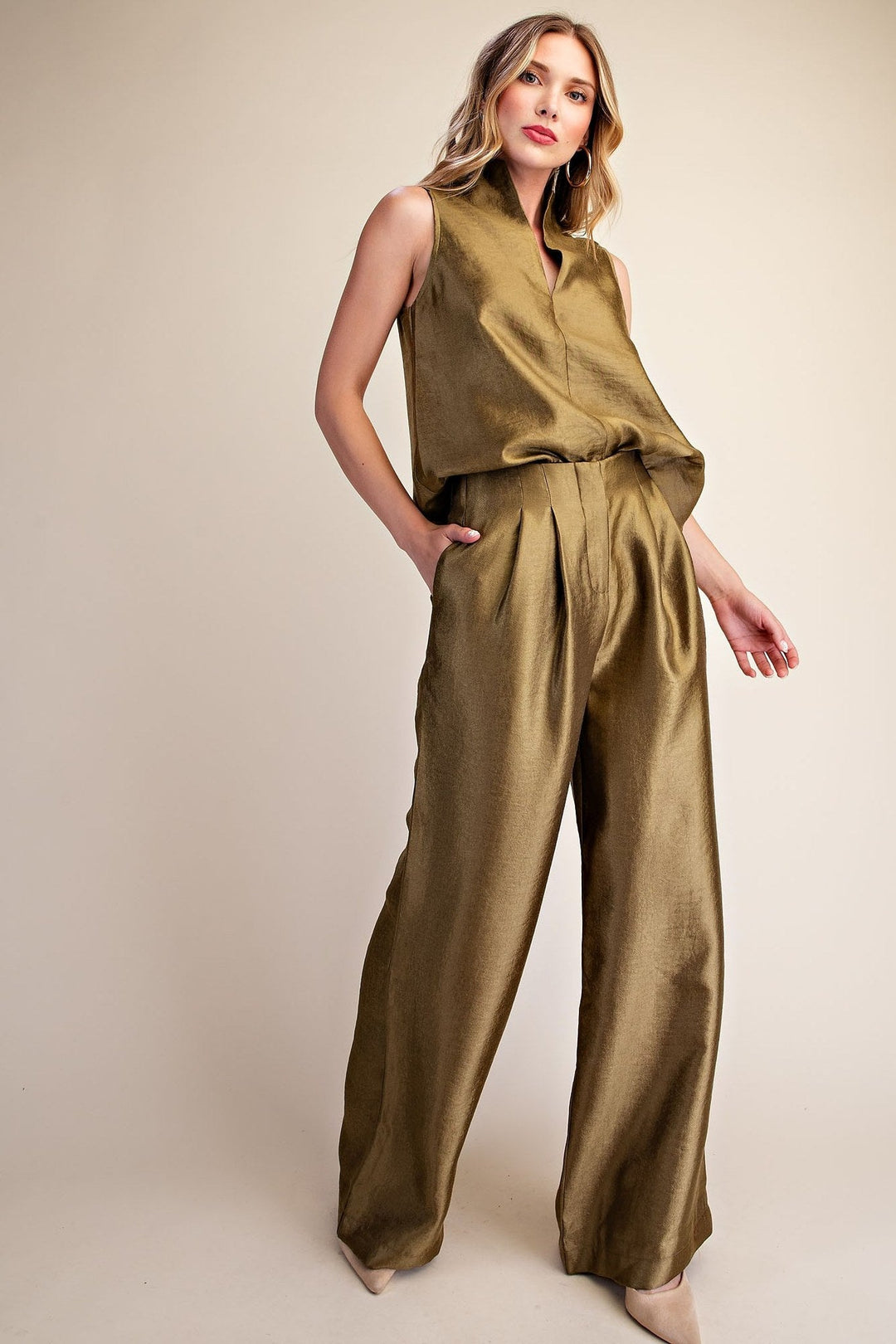 Olive Metallic High Waist Pleated Wide Leg Pants - STYLED BY ALX COUTUREPants