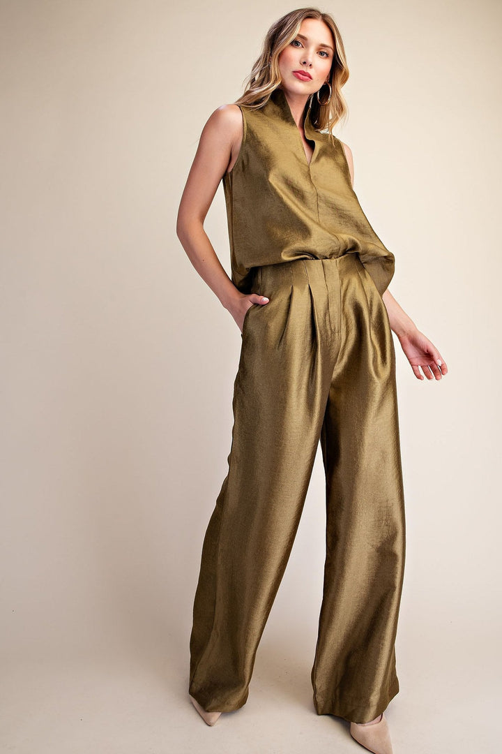 Olive Metallic High Waist Pleated Wide Leg Pants - STYLED BY ALX COUTUREPants