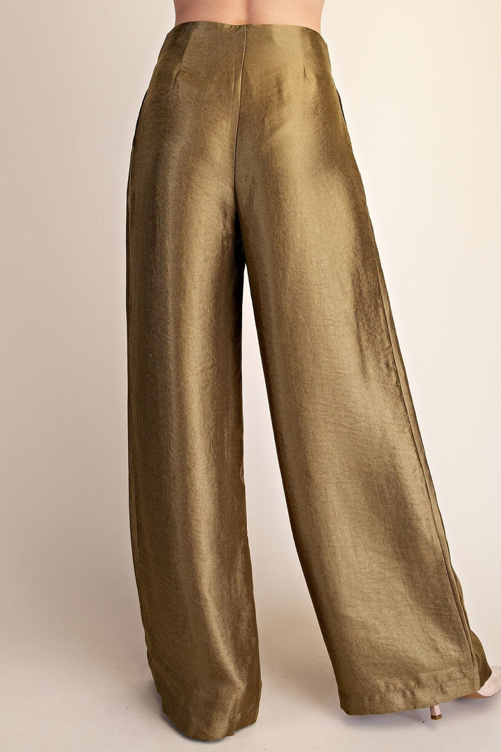 Olive Metallic High Waist Pleated Wide Leg Pants - STYLED BY ALX COUTUREPants